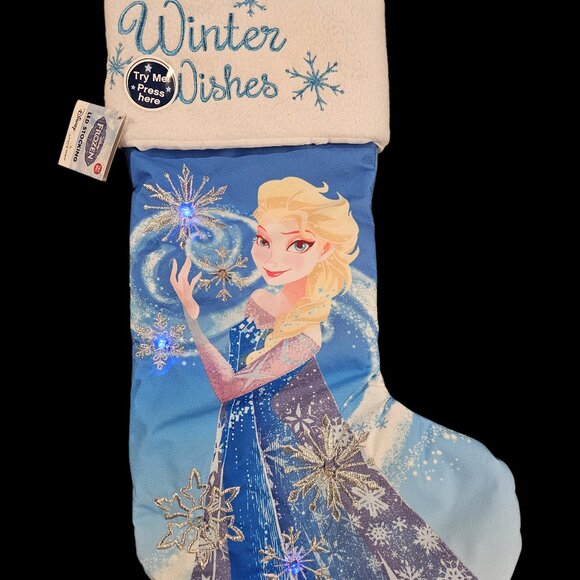 Twinkling LED Disney's Elsa Frozen Winter Wishes Christmas Holiday Stocking NEW - Picture 2 of 2